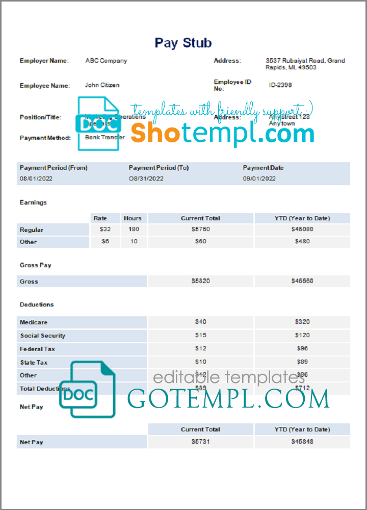 # unique age pay stub template in Word and PDF format