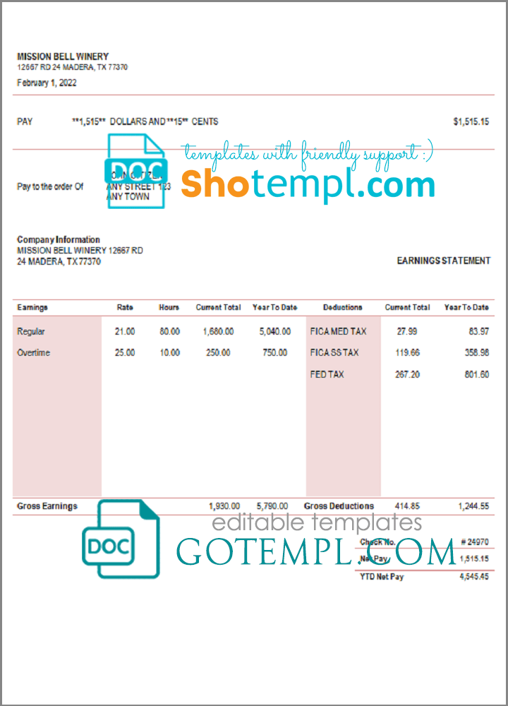 # fine touch pay stub template in Word and PDF format