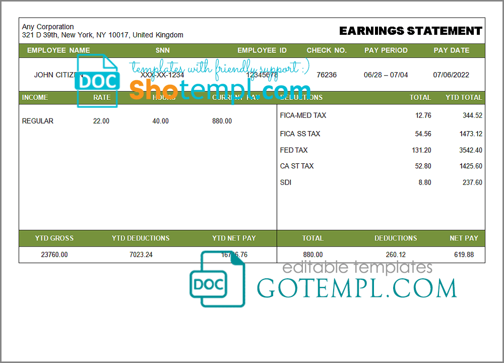 # good smell pay stub template in Word and PDF format