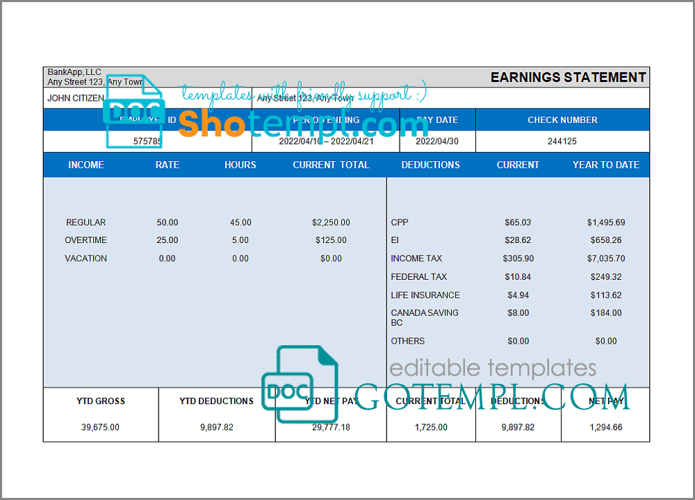 # cross wise pay stub template in Word and PDF format