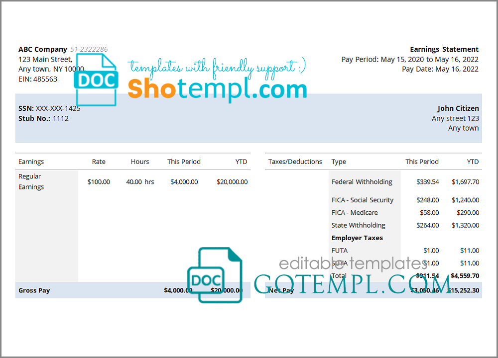 # save more pay stub template in Word and PDF format