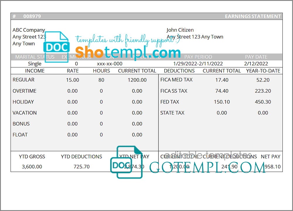 # good gold pay stub template in Word and PDF format