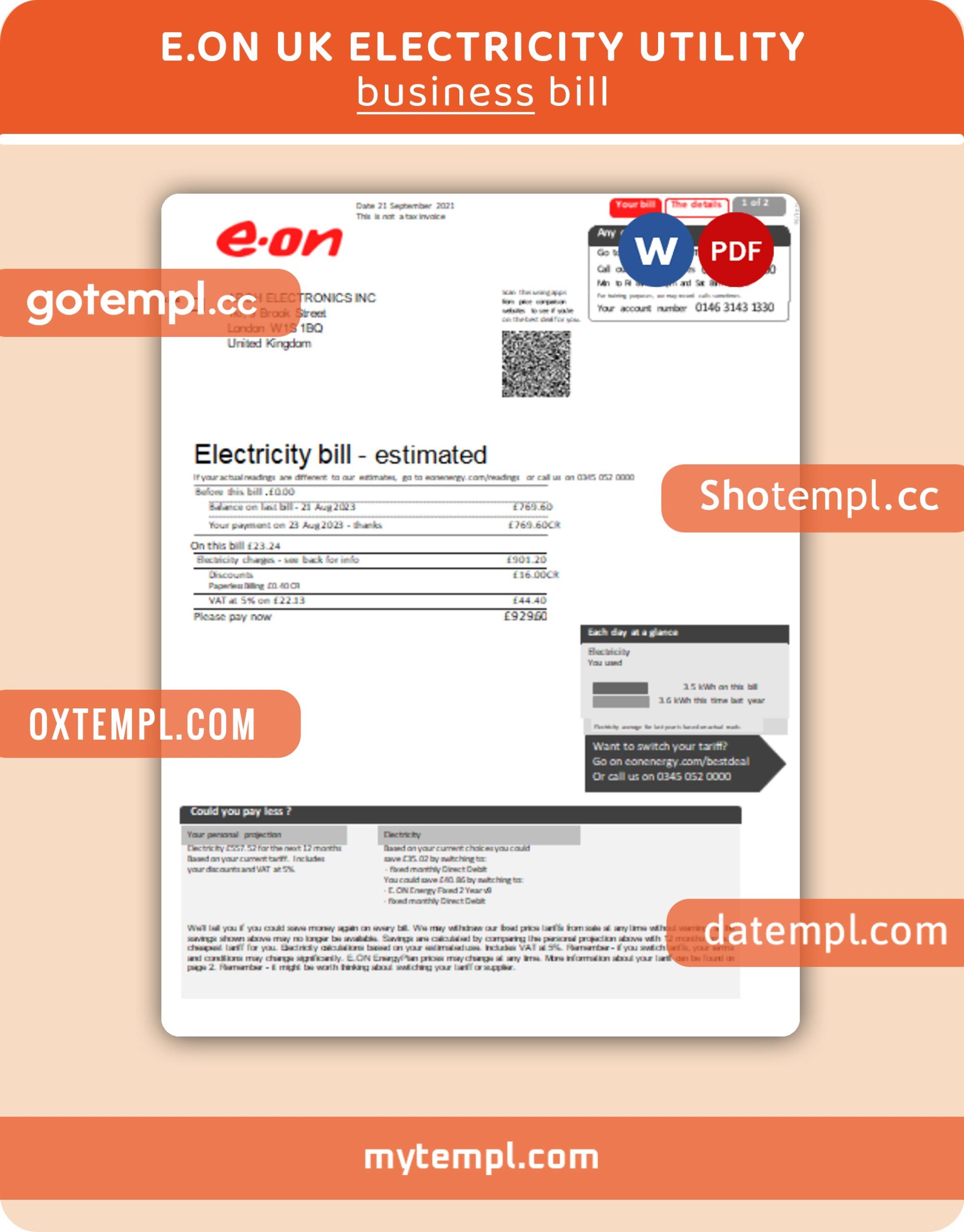 E.on UK electricity business utility bill, Word and PDF template