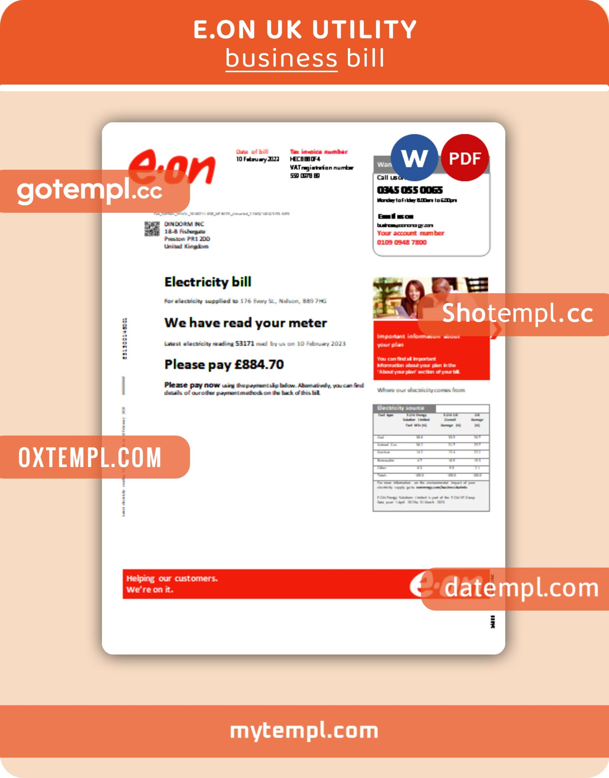 E.ON UK electricity business utility bill, Word and PDF template