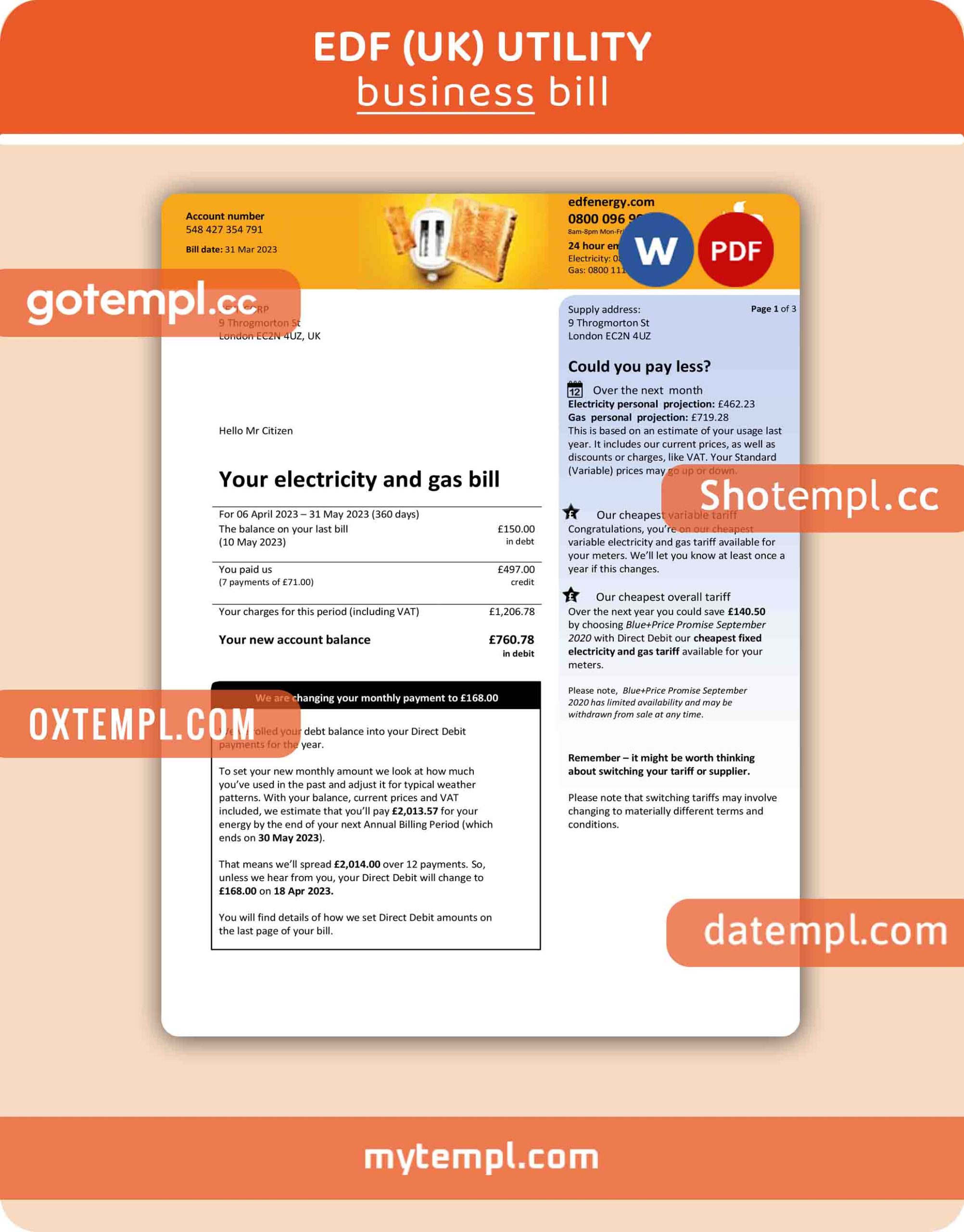 Germany Energis business utility bill, Word and PDF template, 4 pages, version 3