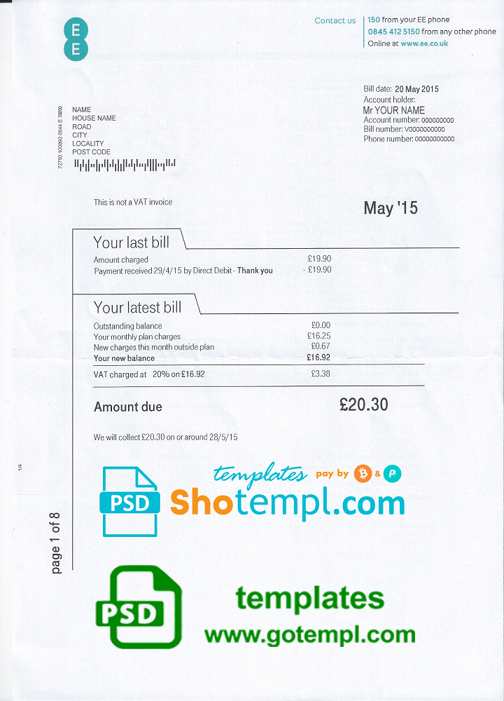 United Kingdom EE phone utility bill template, fully editable in PSD format