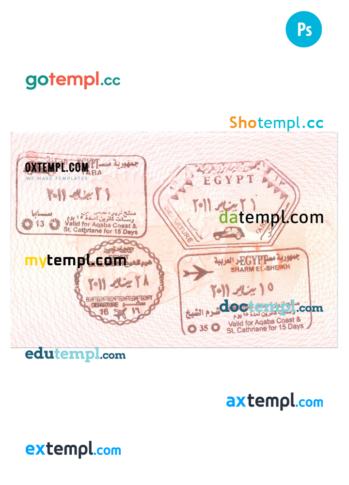 Egypt visa stamp PSD template, with fonts