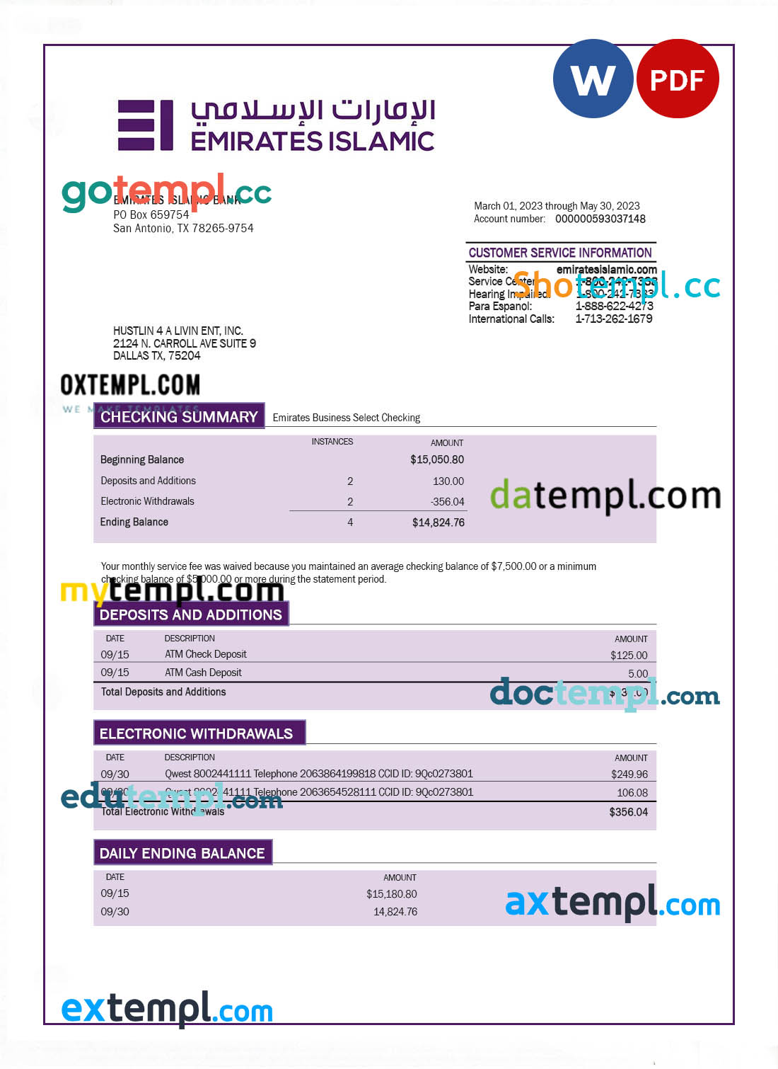 Syria Al Baraka bank statement template in Word and PDF format