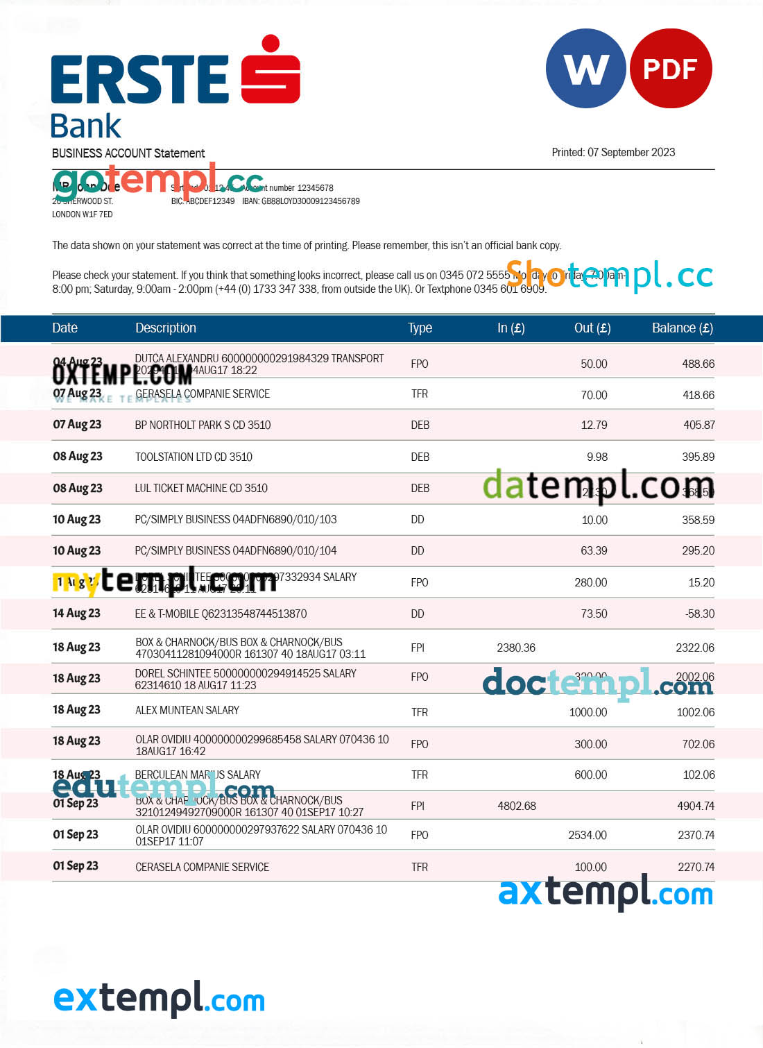 Erste Bank firm checking account statement Word and PDF template