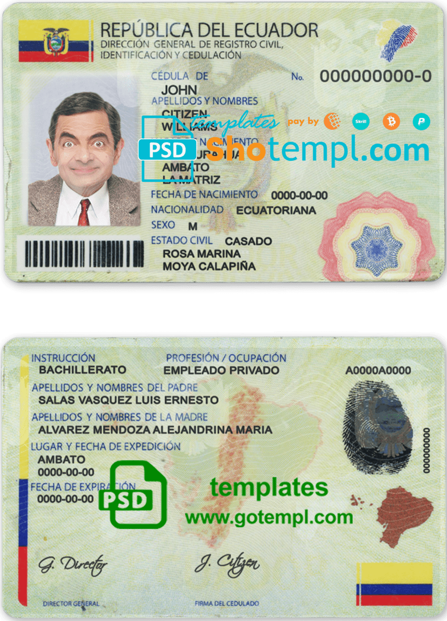 Ecuador ID template in PSD format, fully editable