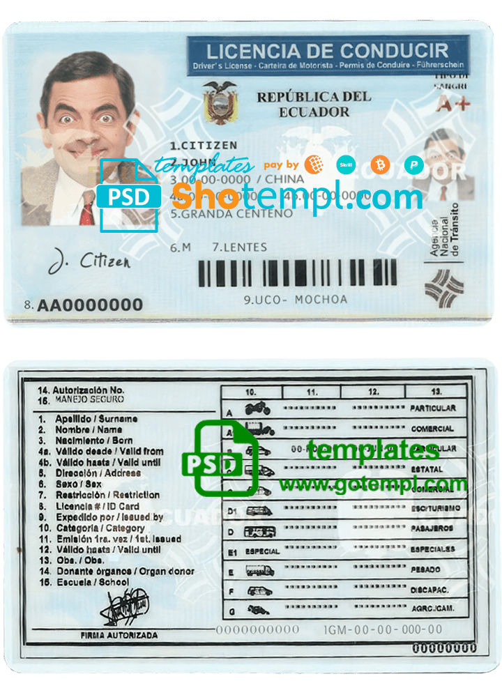 Ecuador driving license template in PSD format, fully editable