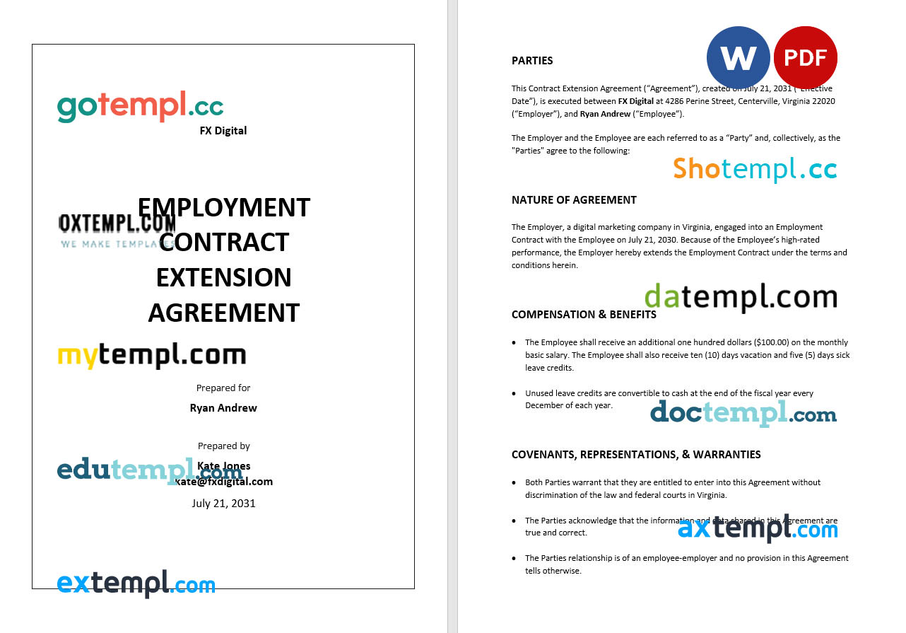 Employment Contract Extension Agreement template, Word and PDF format
