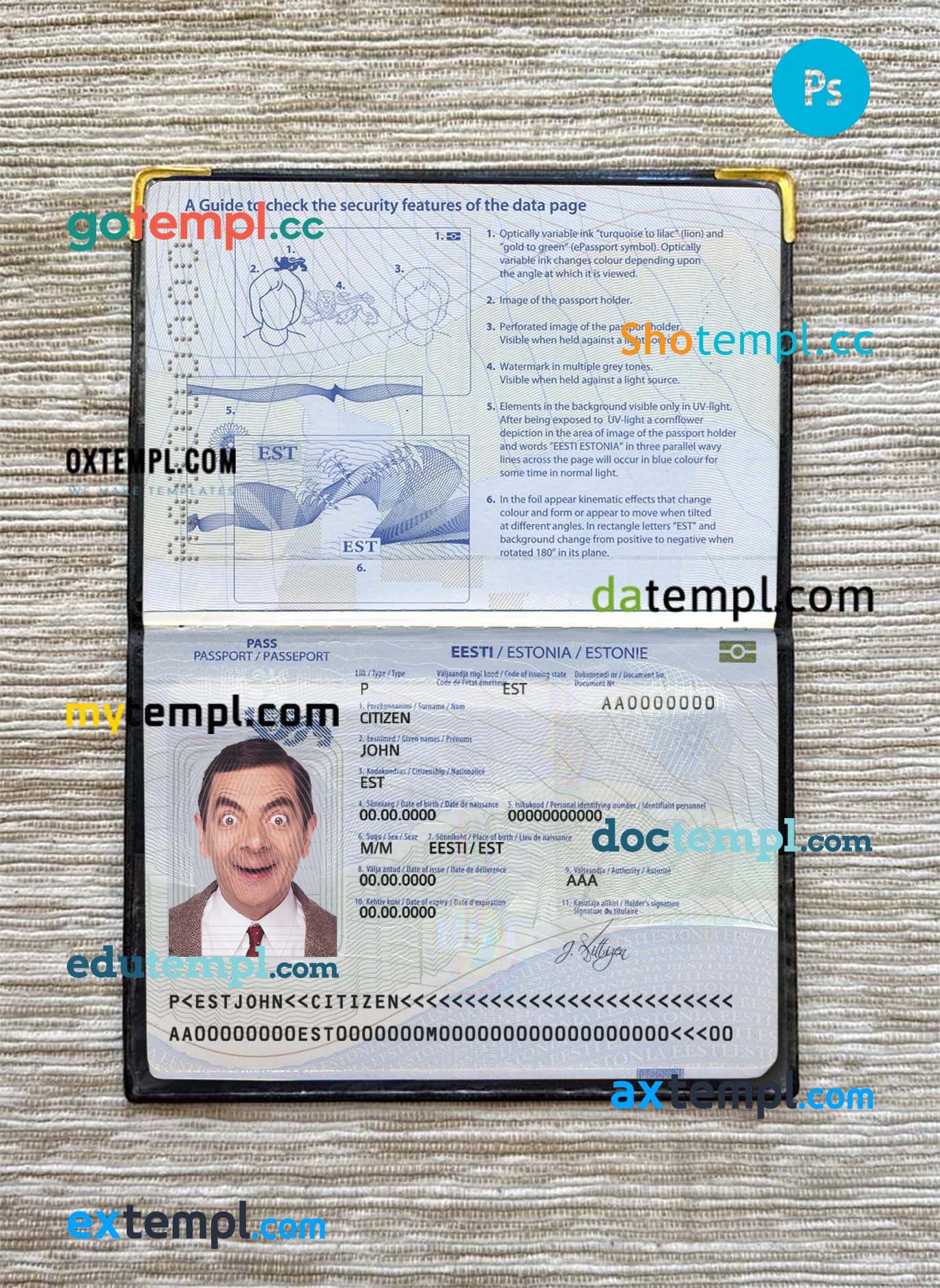 Estonia passport editable PSD files, scan and photo look templates, 2 in 1