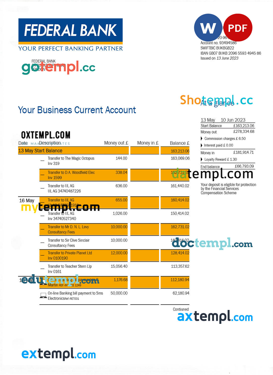 Federal Bank company account statement Word and PDF template