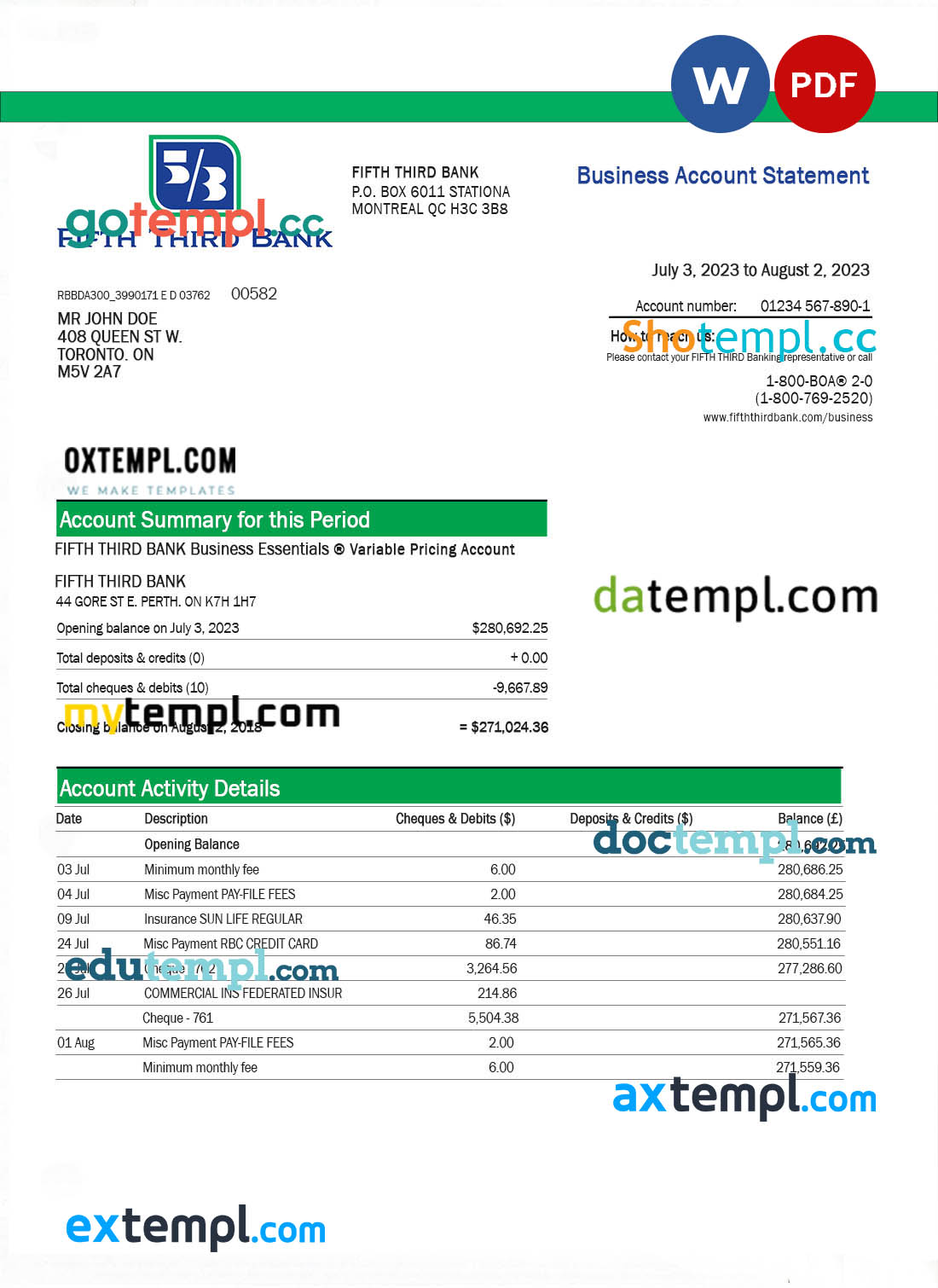 Fifth Third Bank business bank statement Word and PDF template