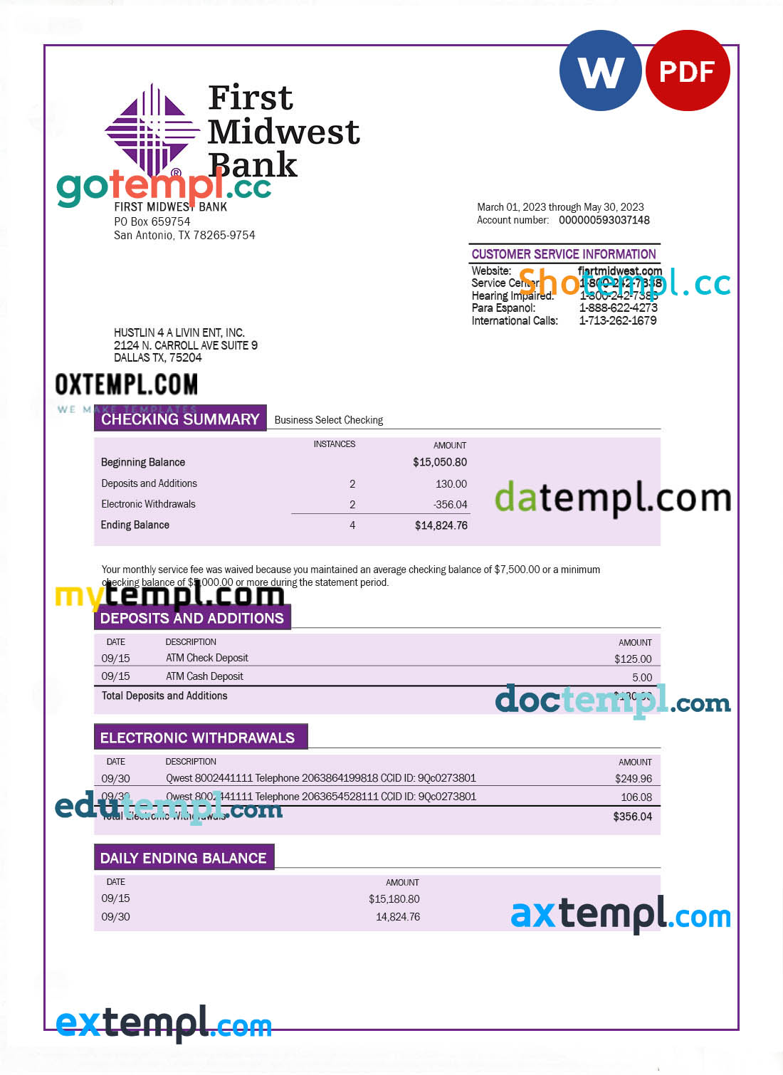First Midwest Bank company account statement Word and PDF template
