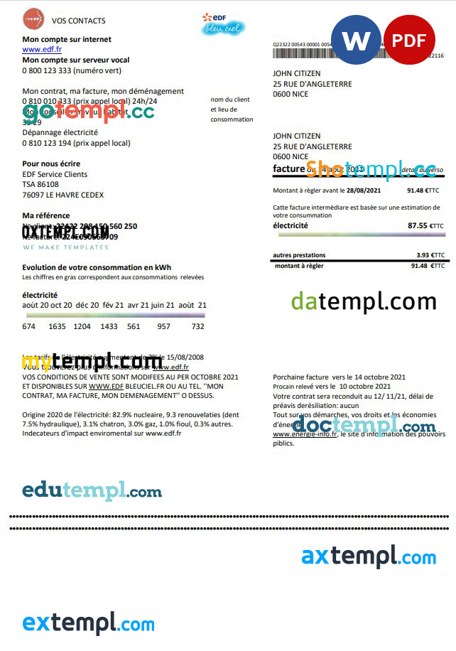 France EDF proof of address utility bill template in Word and PDF format