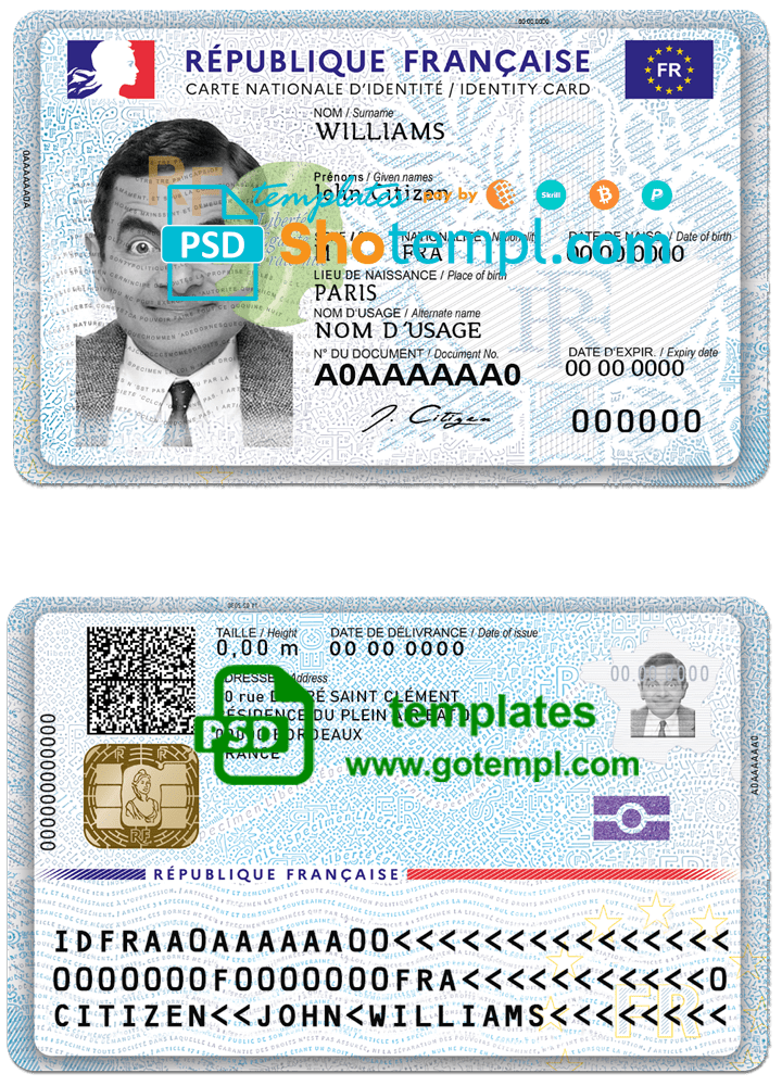 France national ID card template in PSD format, fully editable (2021 March - present)