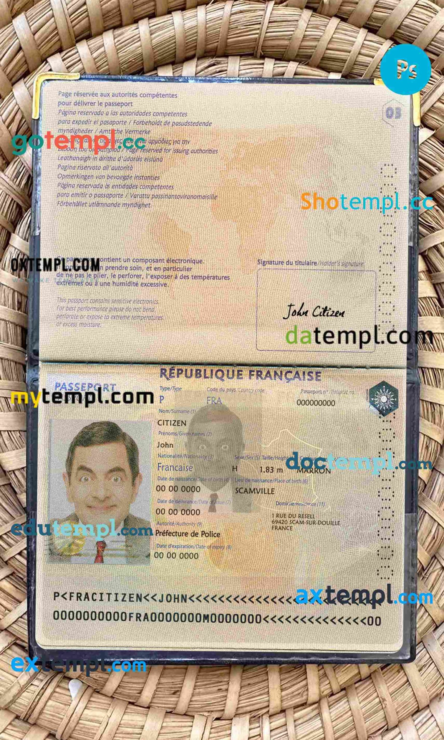 France passport version 2 PSD files, scan and photo look templates, 2 in 1