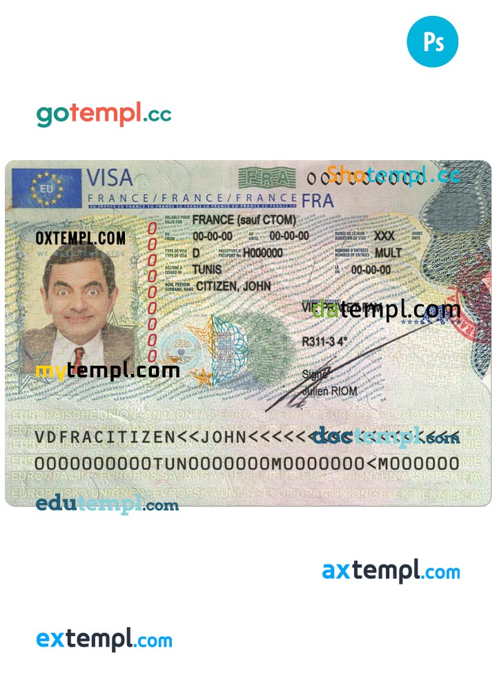 France Schengen Visa template in PSD format, 2018 - present