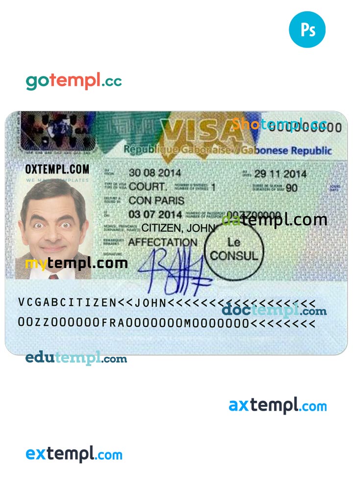 GABON entry visa PSD template, completely editable, with fonts