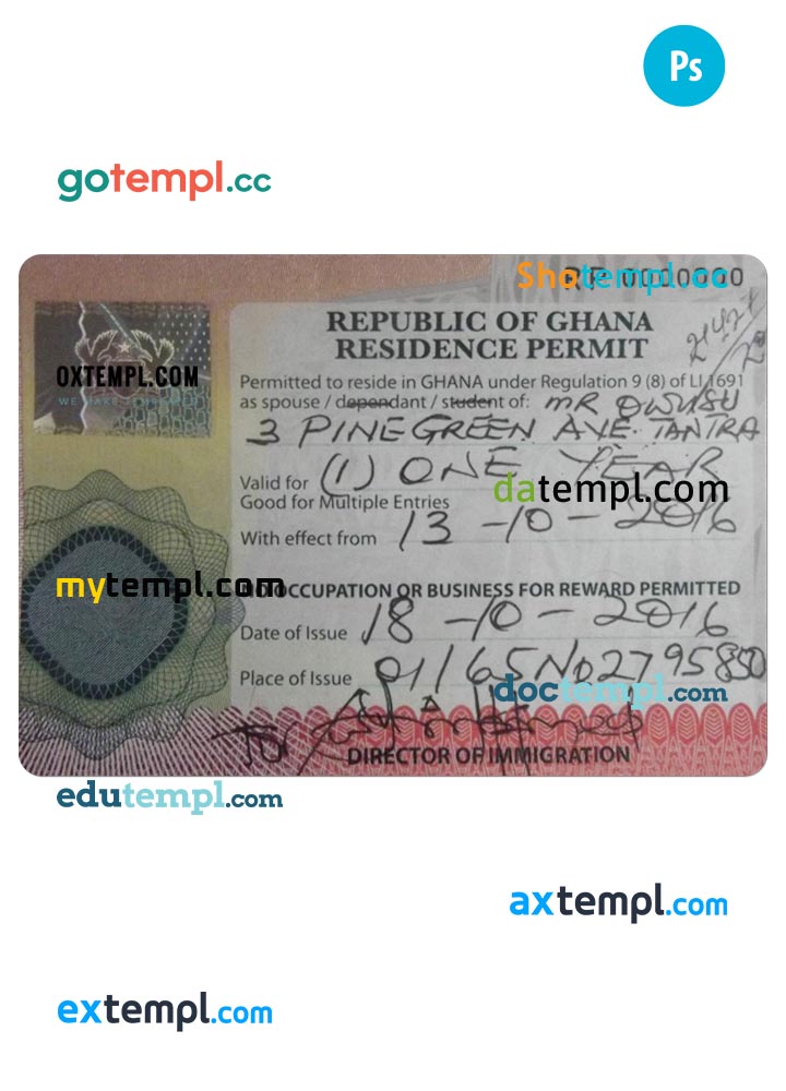 Ghana residence permit card PSD template, with fonts