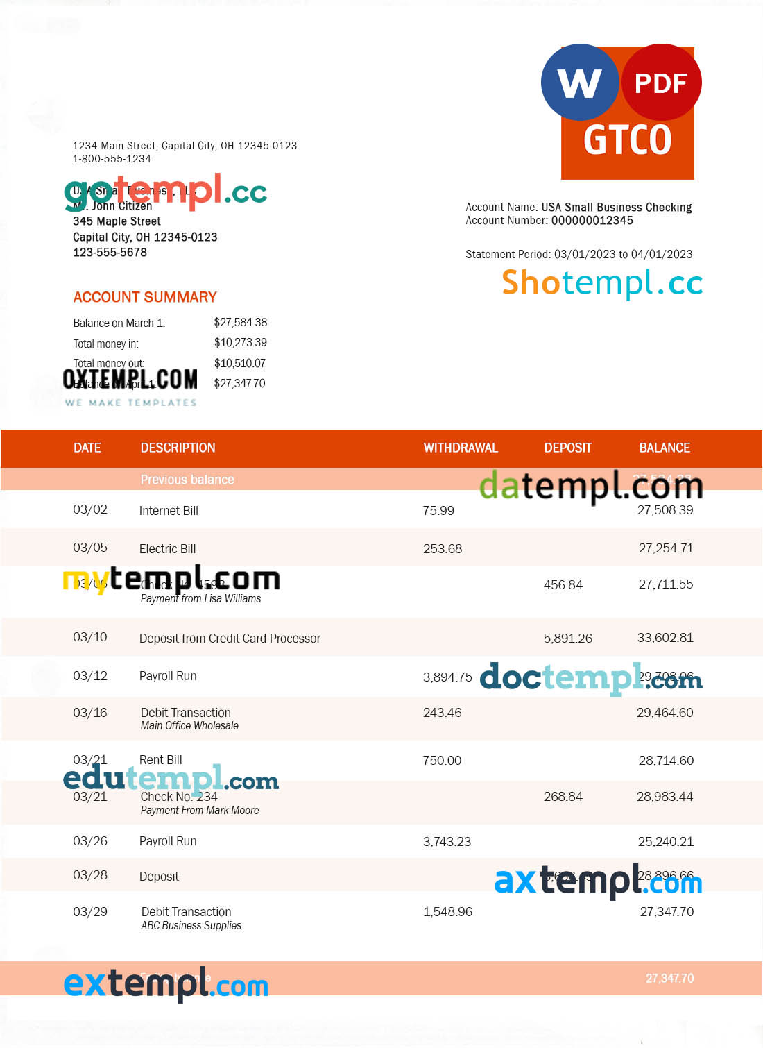 Gt Bank organization checking account statement Word and PDF template