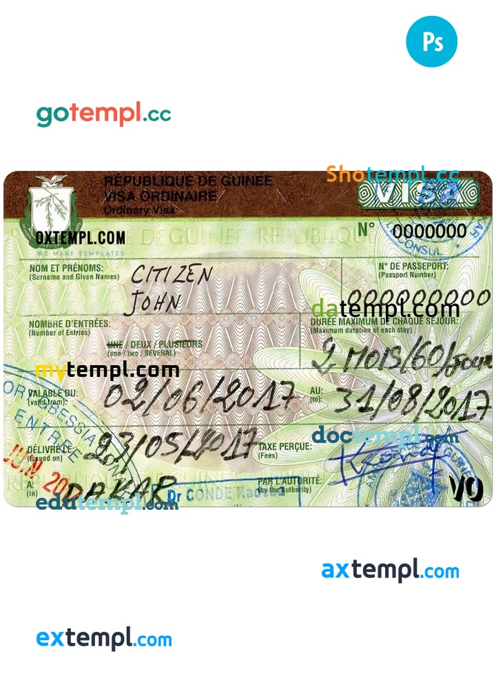 Guinea travel visa PSD template, with fonts