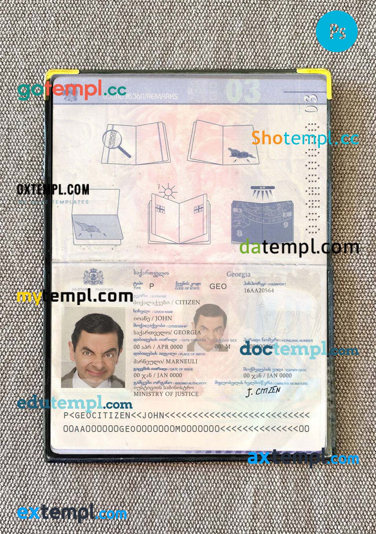 Georgia passport editable PSDs, scan and photo-realistic snapshot, 2 in 1