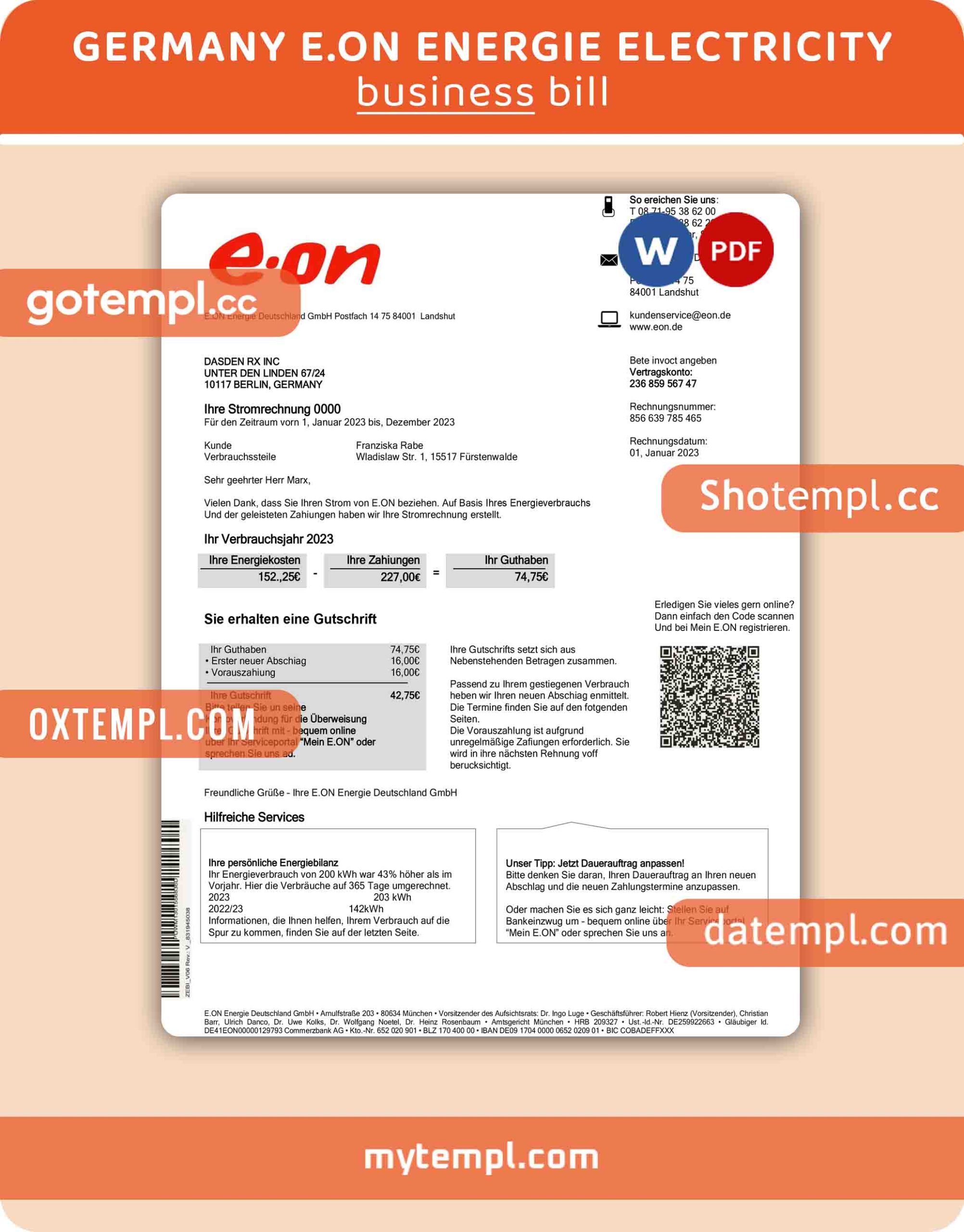 Germany E.ON Energie electricity business utility bill, Word and PDF template