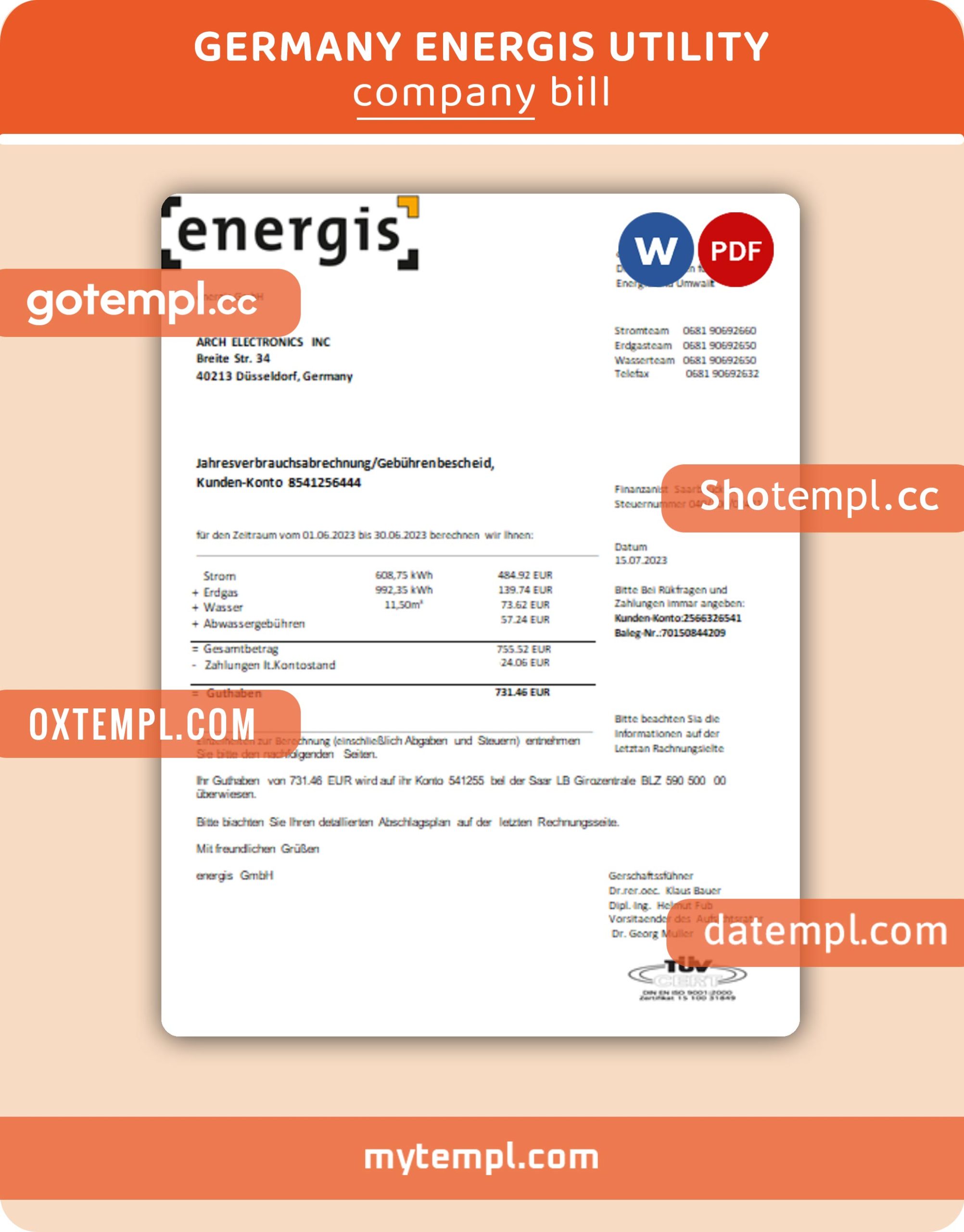 Germany Energis business utility bill, Word and PDF template, 4 pages, version 3