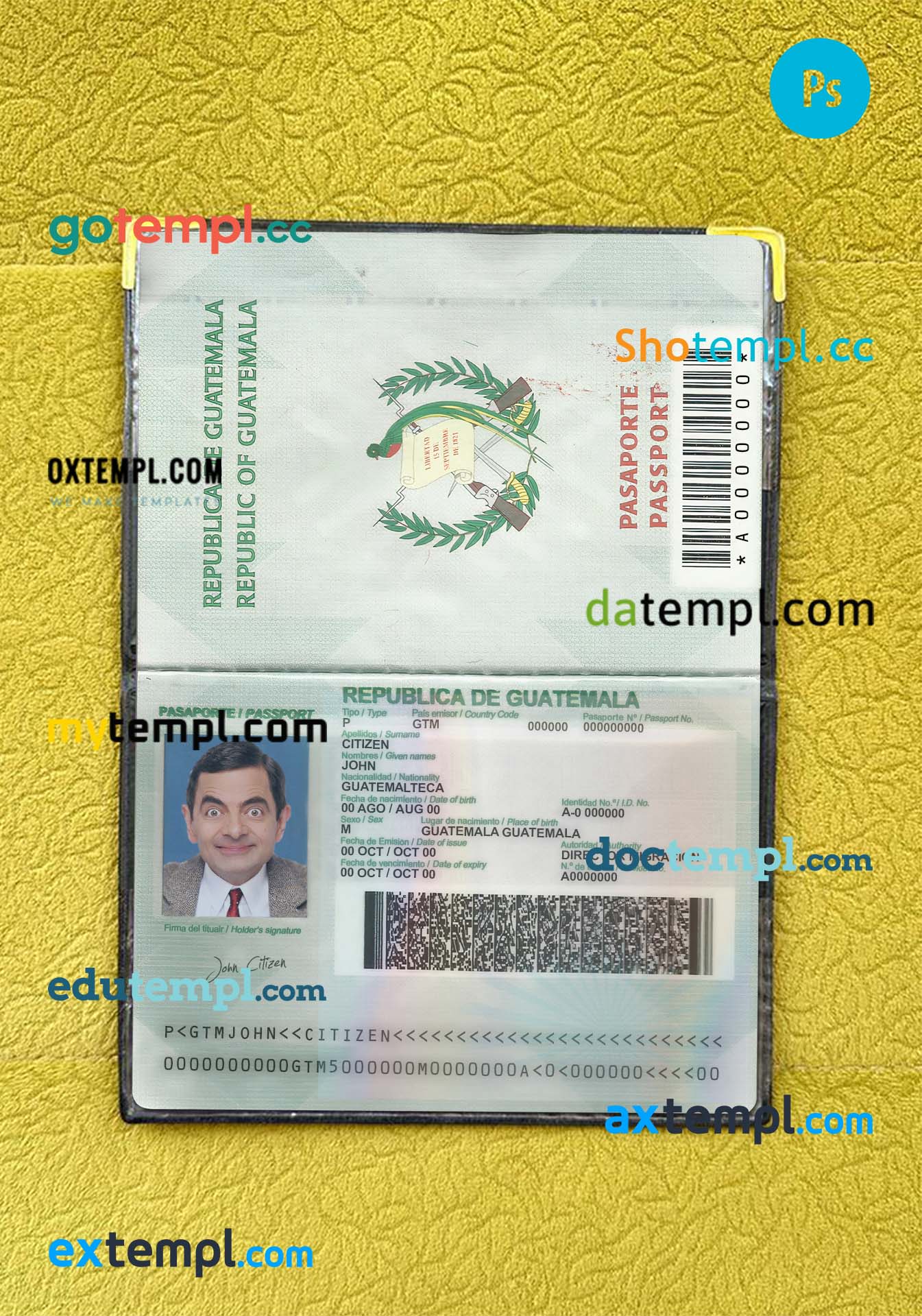 Guatemala passport psd files, editable scan and snapshot sample, 2 in 1