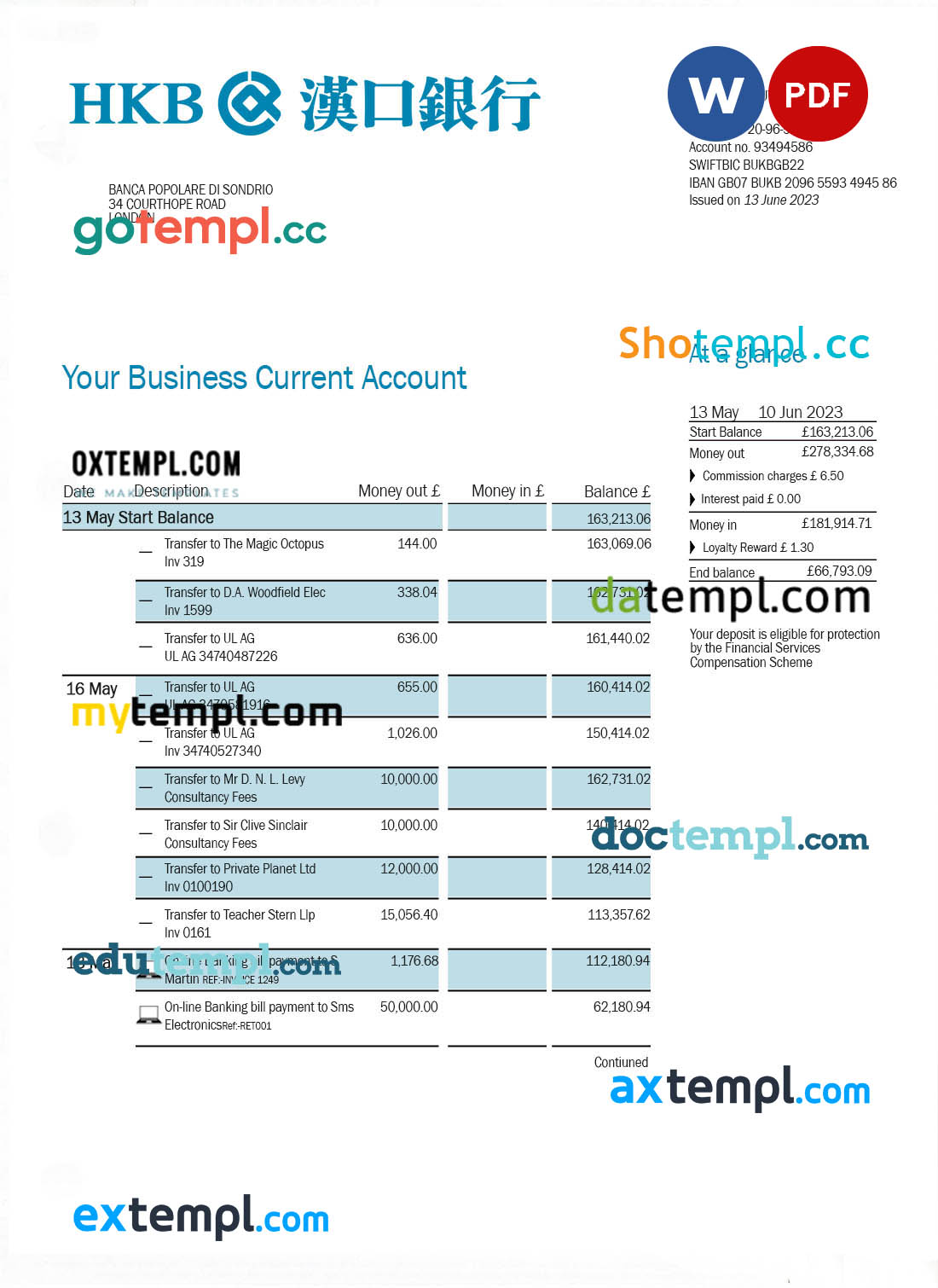 Chiba Bank company checking account statement Word and PDF template