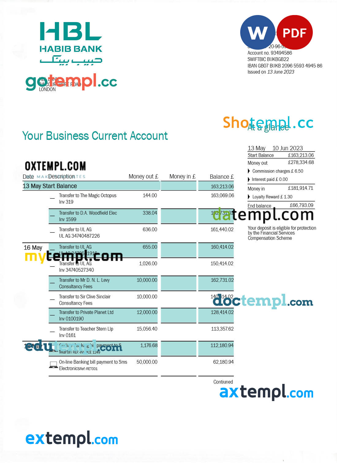 HBL Bank firm account statement Word and PDF template