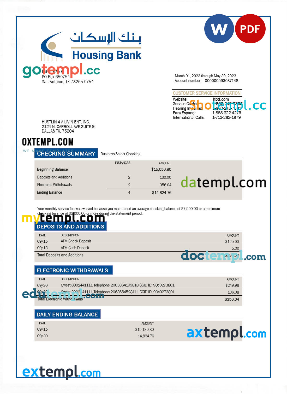 HBTF Bank firm account statement Word and PDF template