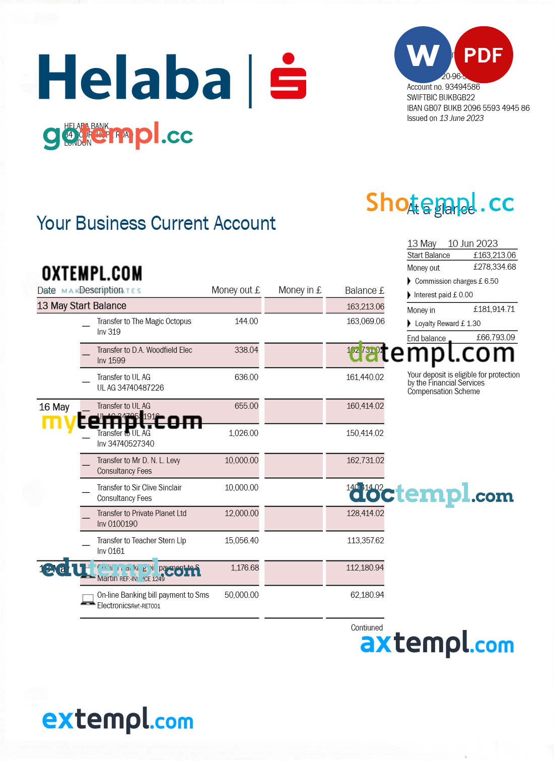 Helaba Bank firm account statement Word and PDF template