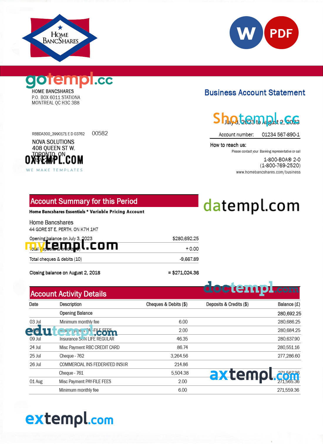 Home Bancshares Bank firm account statement Word and PDF template