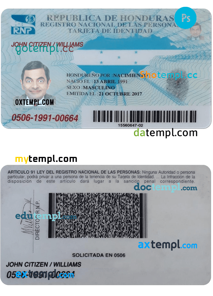 Honduras identity card PSD template, with fonts