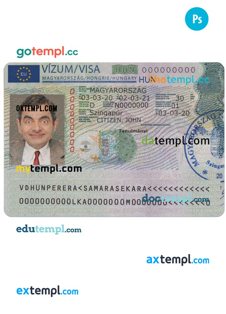 Hungaria travel visa template in PSD format, version 2