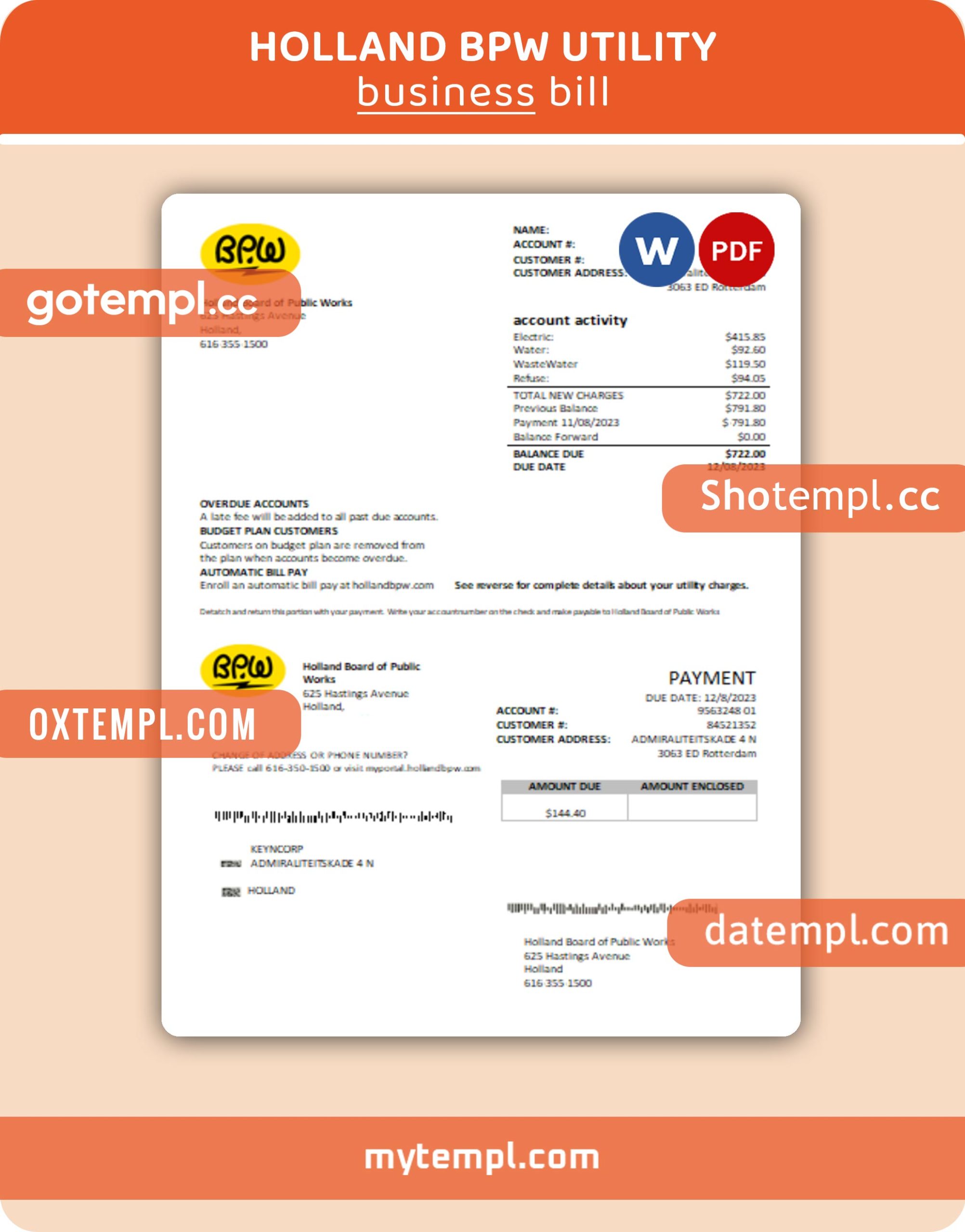 Holland BPW business utility bill, PDF and WORD template