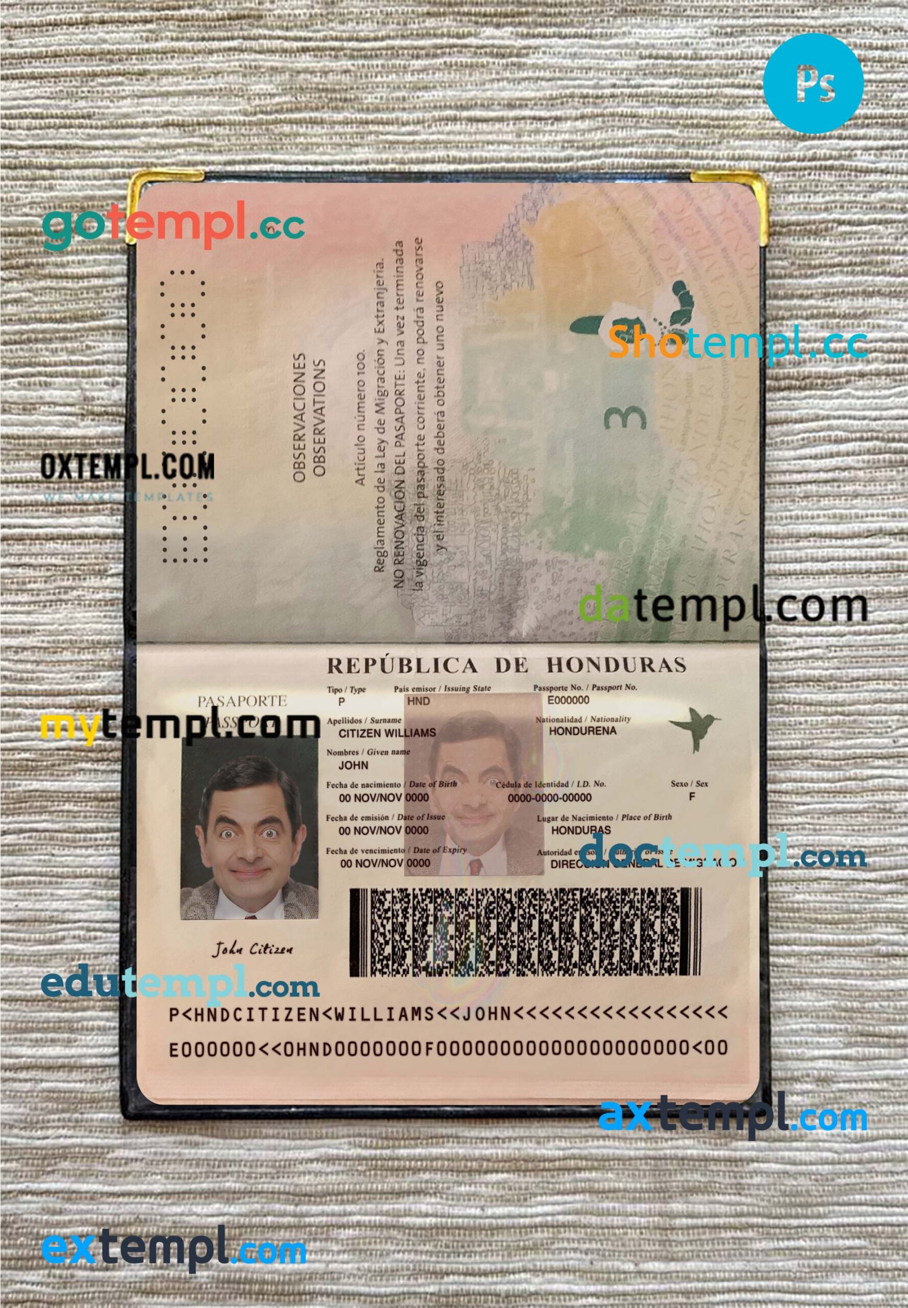 Honduras passport editable PSD files, scan and photo look templates, 2 in 1