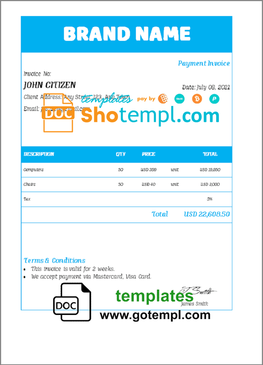 # form asset universal multipurpose invoice template in Word and PDF format, fully editable