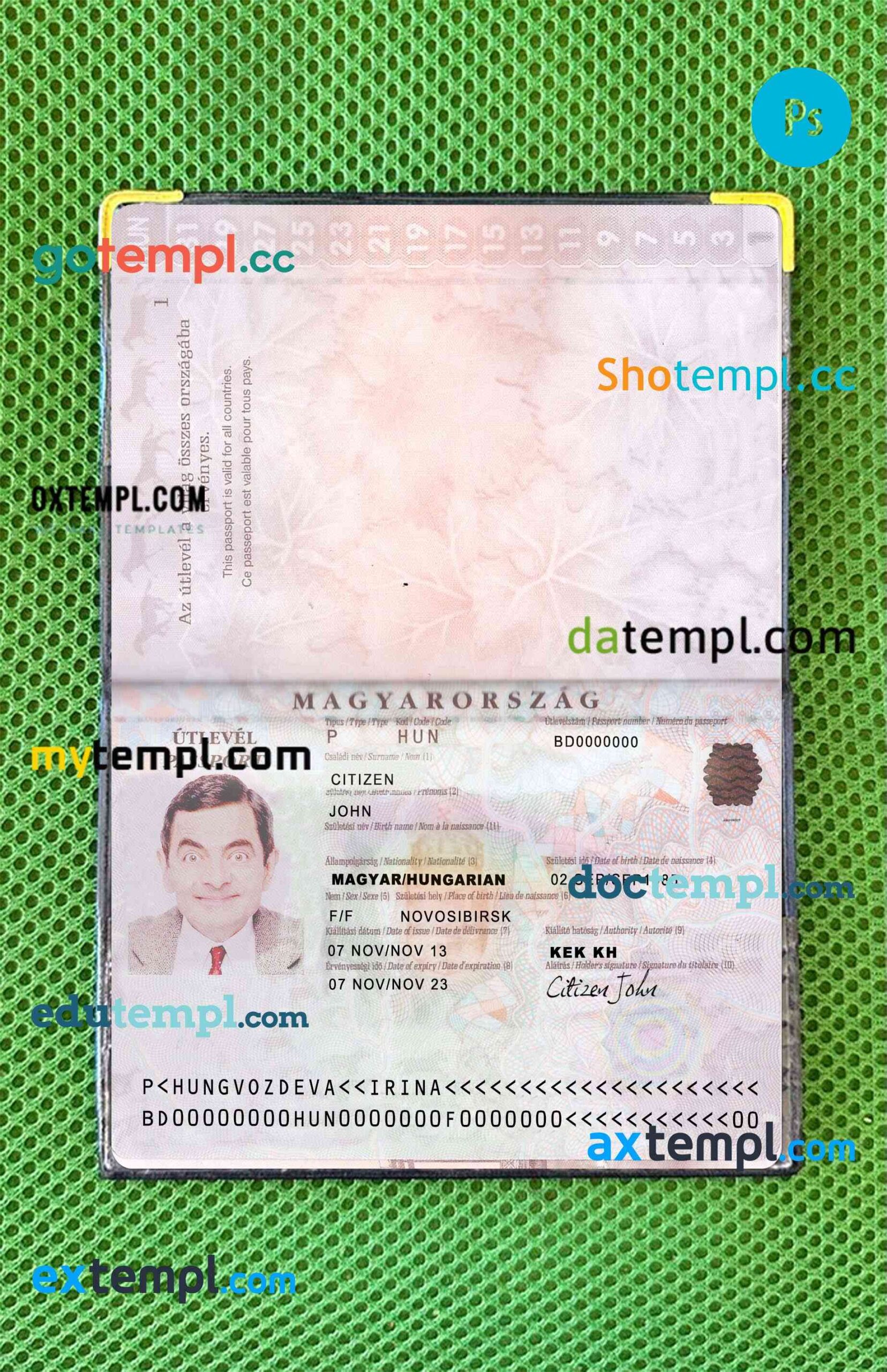 Hungary passport editable PSD files, scan and photo look templates, 2 in 1
