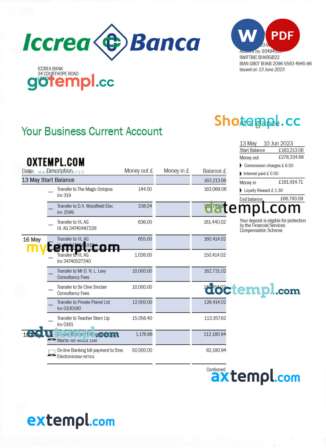 Canada CrawfordTech bank statement easy to fill template in Excel and PDF format