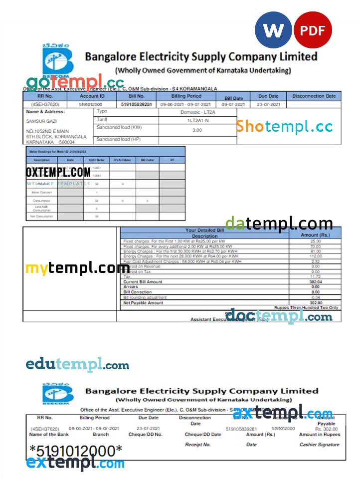 INDIA BESCOM utility bill Word and PDF template