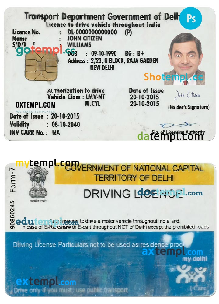 India (Delhi) driving license PSD template, with fonts