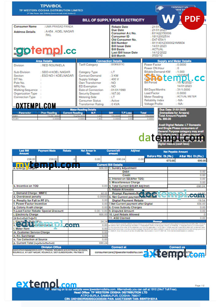 INDIA TPWODL utility bill Word and PDF template
