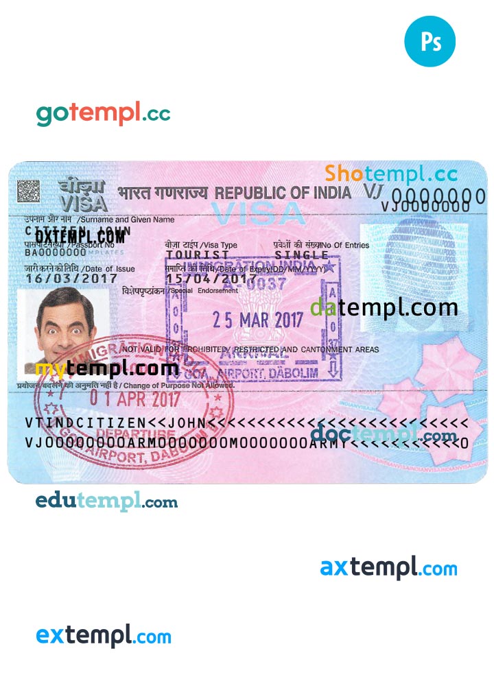 India travel visa PSD template, version 2