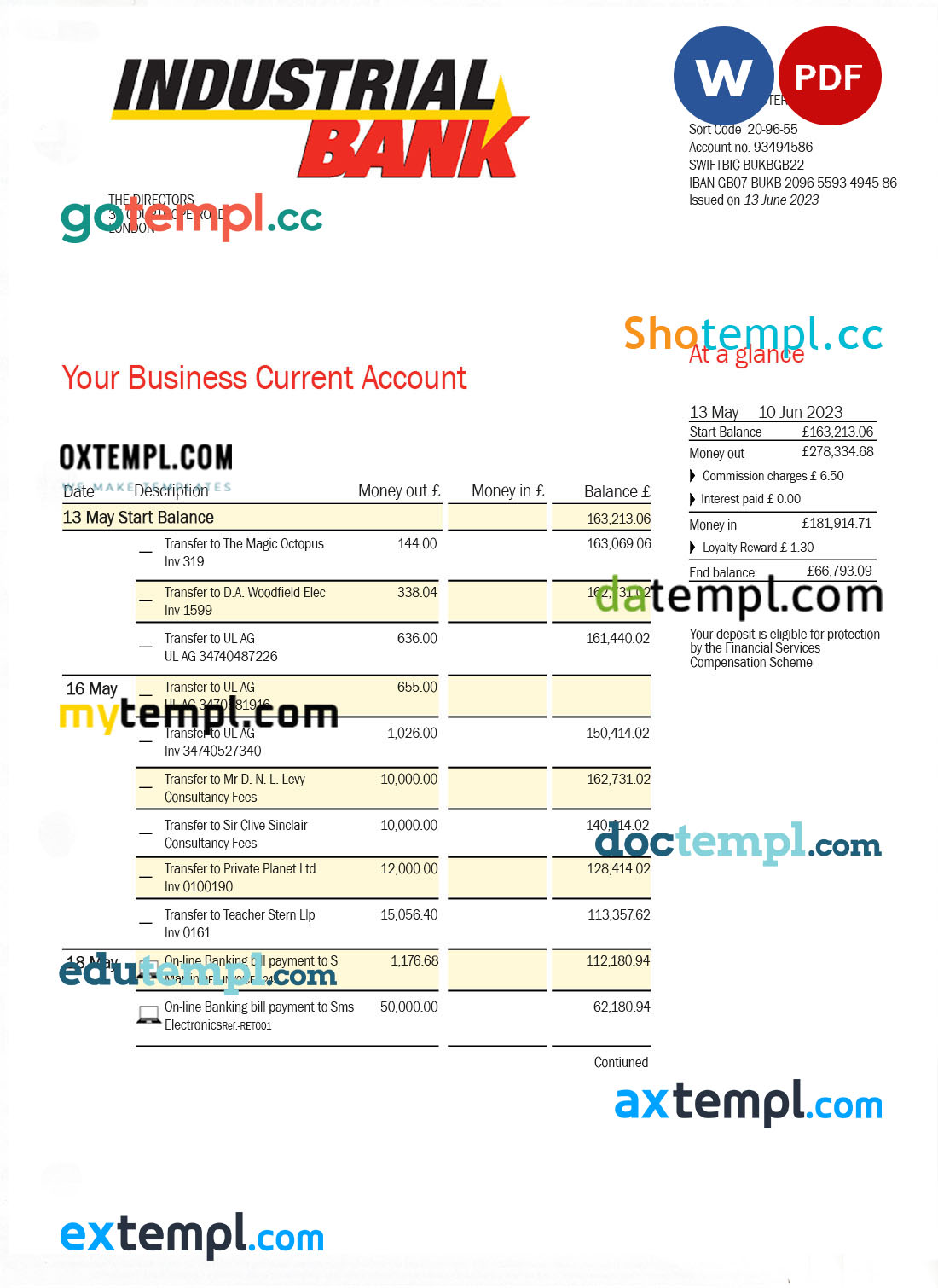 Industrial Bank firm account statement Word and PDF template