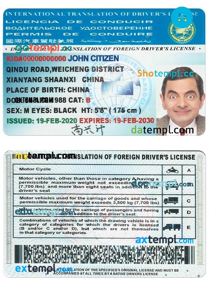 International Translation of drivers license PSD template, with fonts